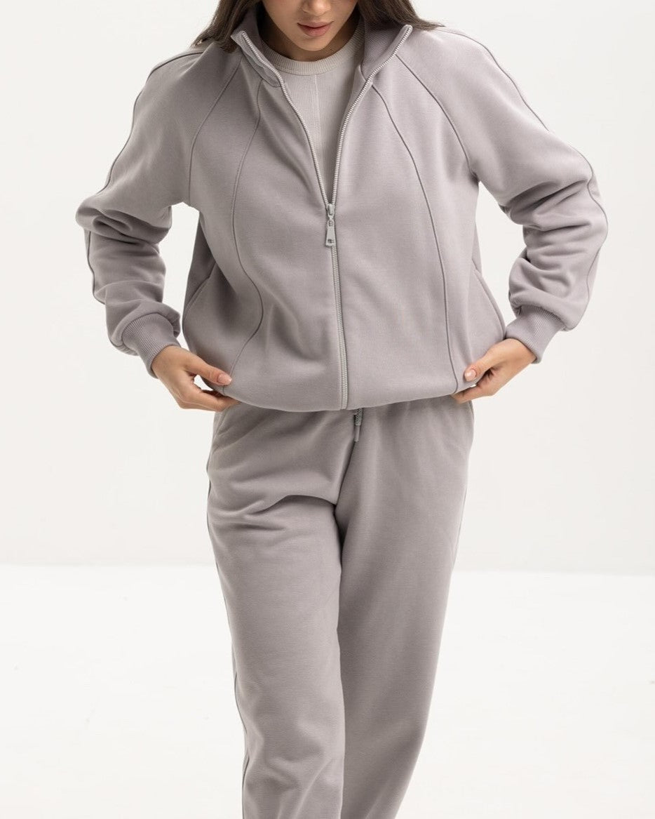Brushed Fleece Zip Jacket And Jogger Set - Grey
