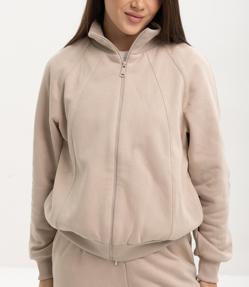 Brushed Fleece Zip Jacket And Jogger Set - Khaki