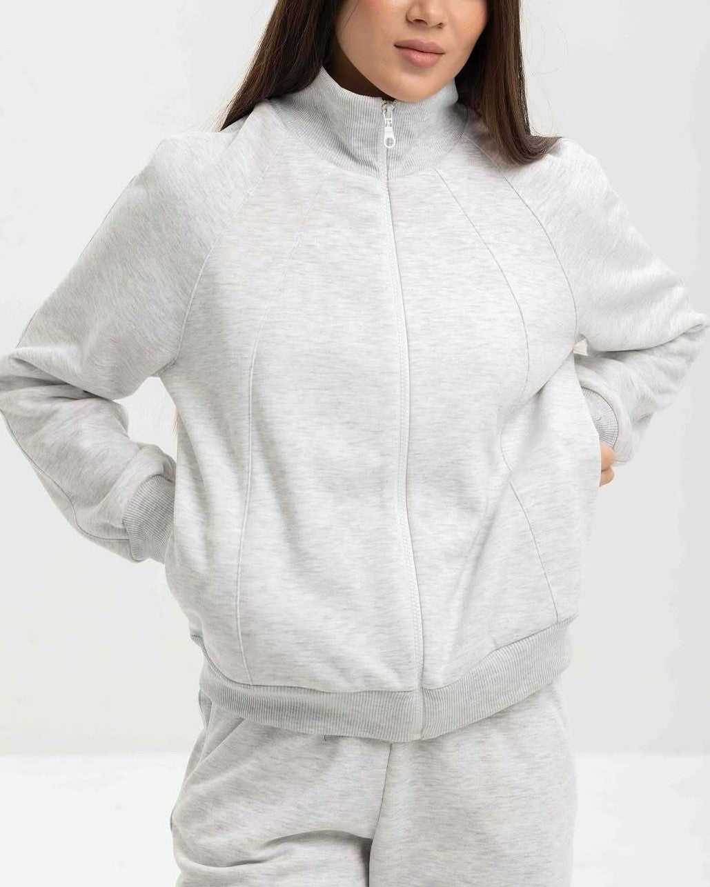 Brushed Fleece Zip Jacket And Jogger Set - LtGrey