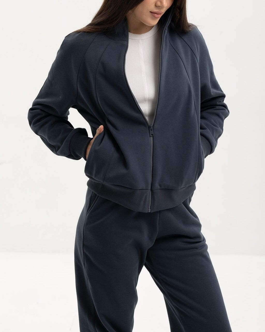 Brushed Fleece Zip Jacket And Jogger Set - Navy