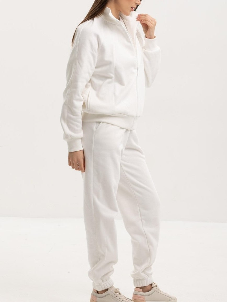 Brushed Fleece Zip Jacket And Jogger Set - White