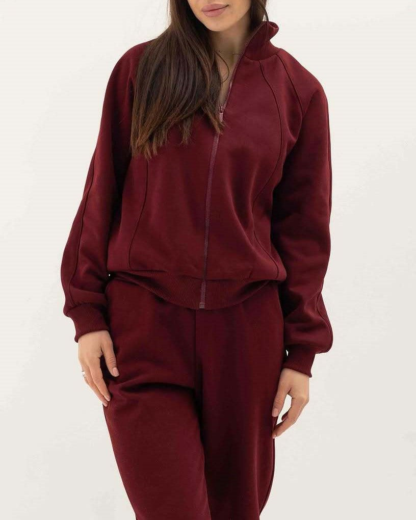 Brushed Fleece Zip Jacket And Jogger Set - WineRed