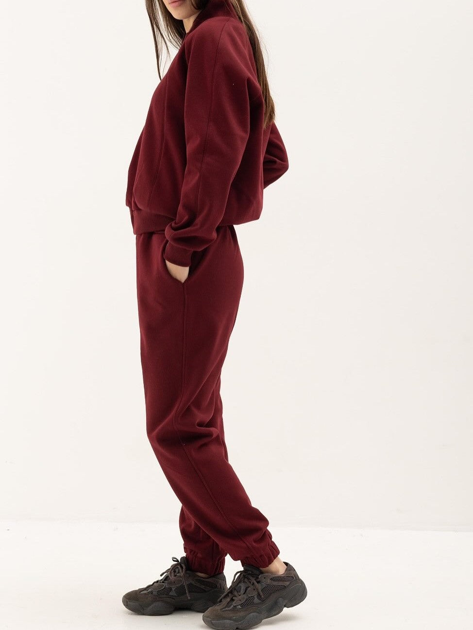 Brushed Fleece Zip Jacket And Jogger Set - WineRed - 1
