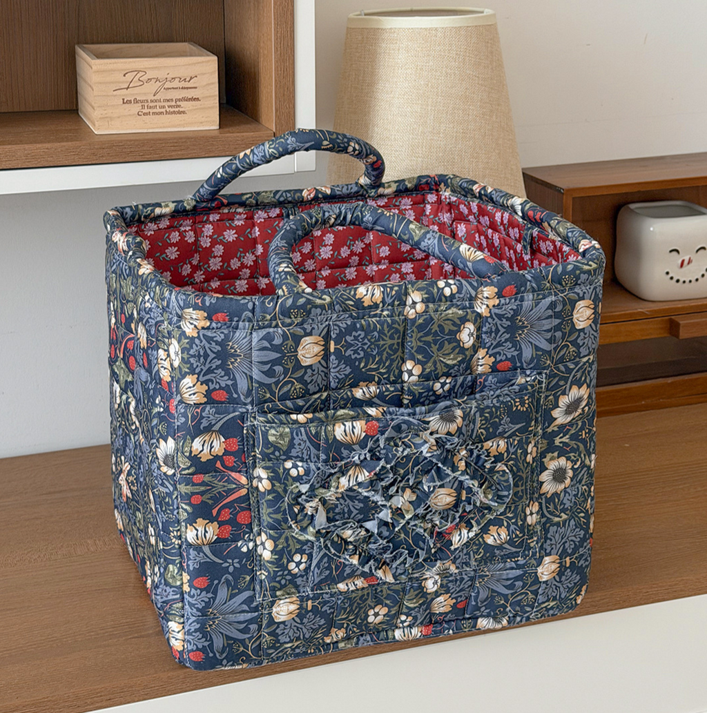 Quilted Cotton Basket Tote With Floral Print - NavyBlue