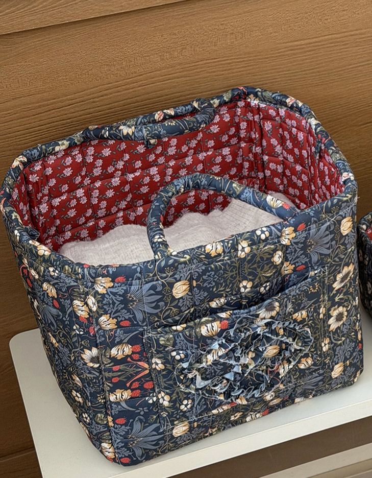 Quilted Cotton Basket Tote With Floral Print - NavyBlue - 1
