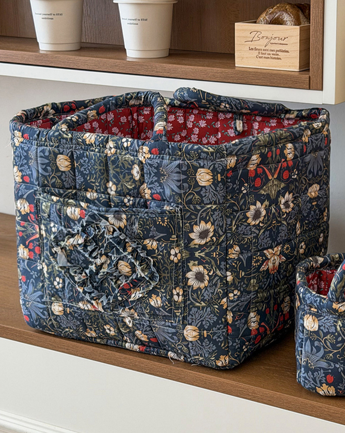 Quilted Cotton Basket Tote With Floral Print - NavyBlue - 2