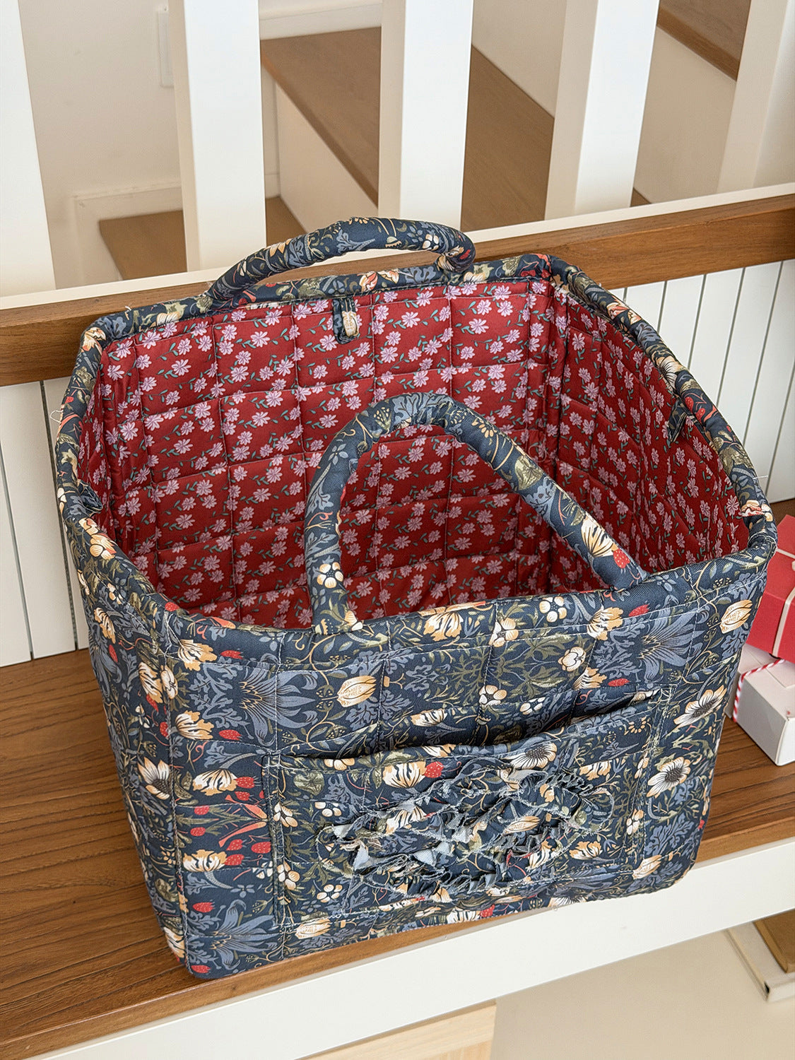 Quilted Cotton Basket Tote With Floral Print - NavyBlue - 3
