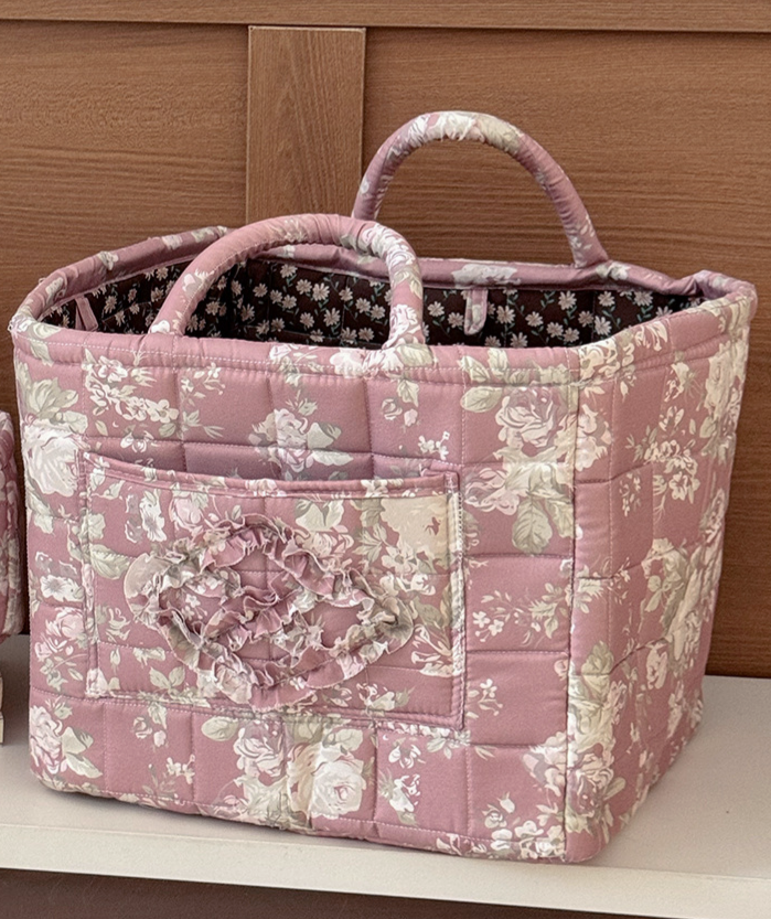Quilted Cotton Basket Tote With Floral Print - Pink