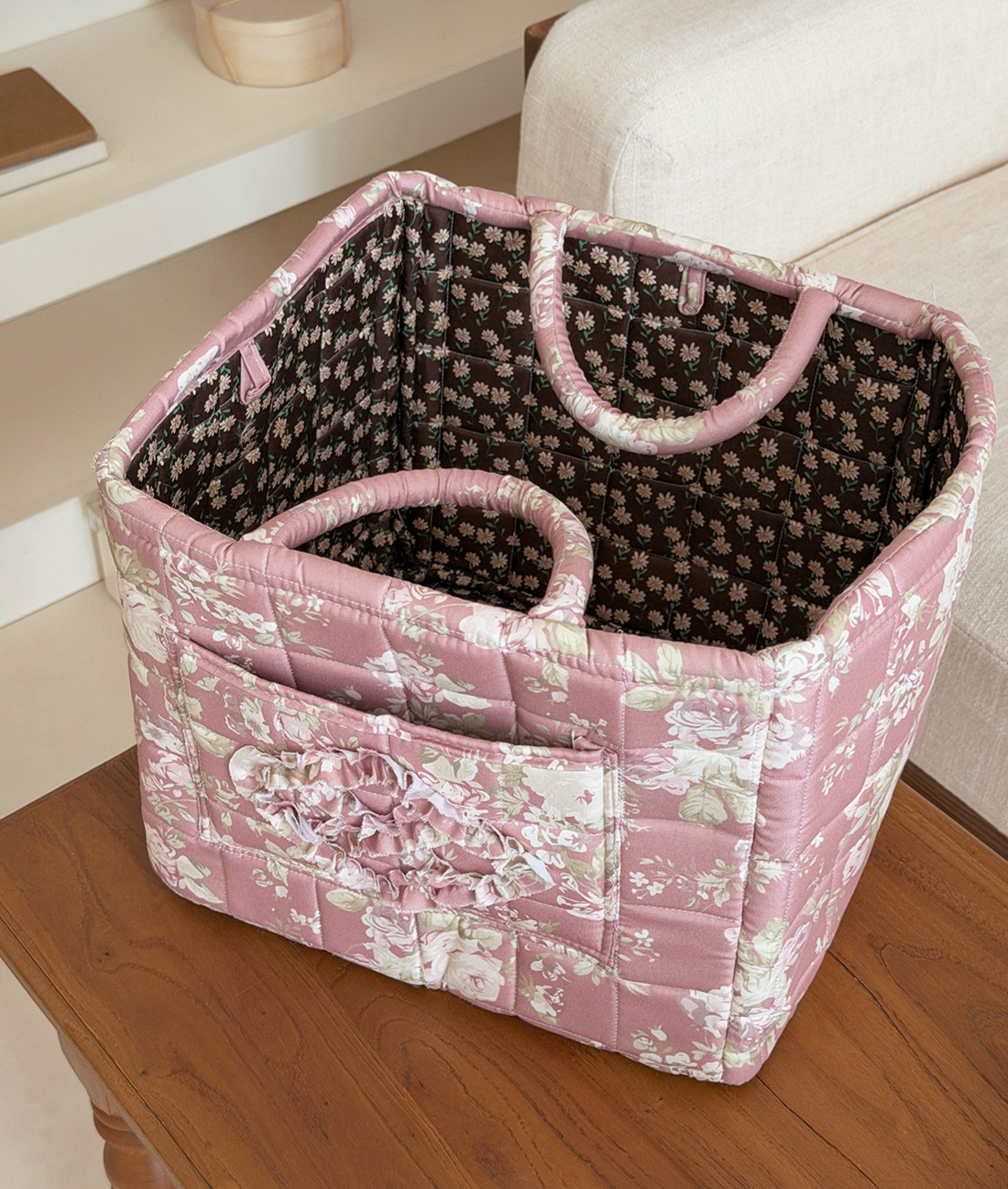 Quilted Cotton Basket Tote With Floral Print - Pink - 1
