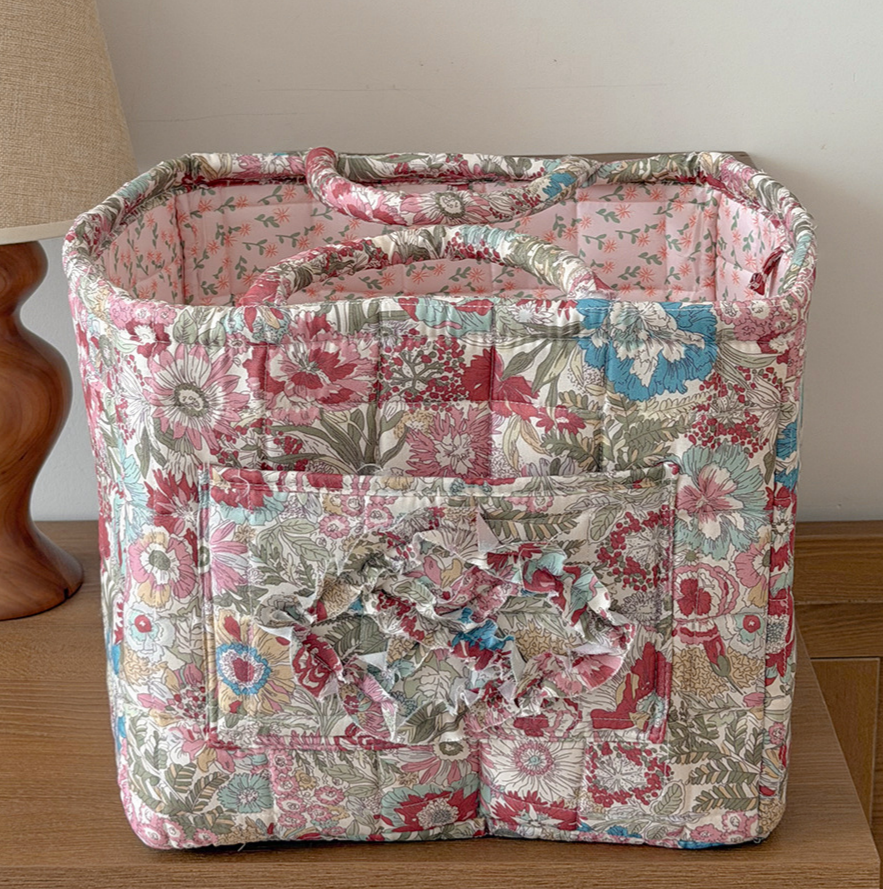 Quilted Cotton Basket Tote With Floral Print - Red - 1