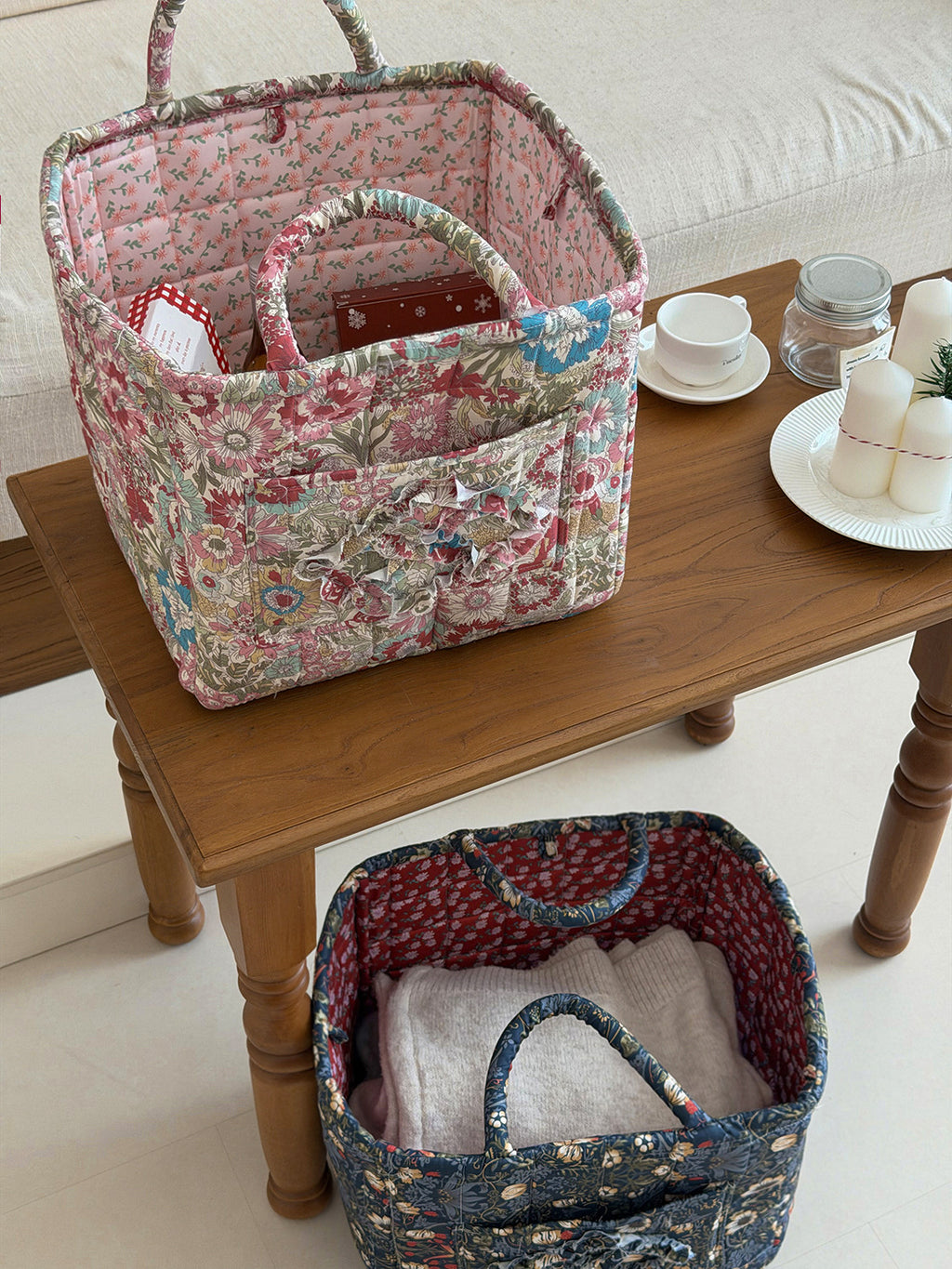 Quilted Cotton Basket Tote With Floral Print - Red - 2