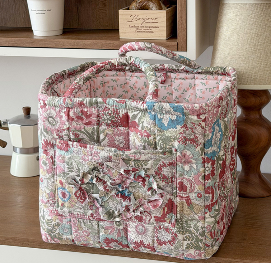 Quilted Cotton Basket Tote With Floral Print - Red - 3