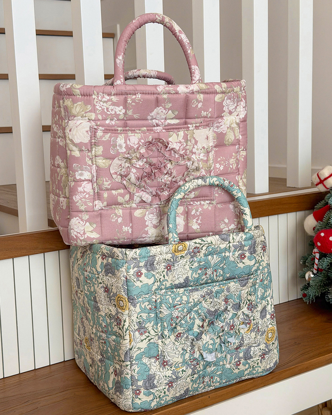 Quilted Cotton Basket Tote With Floral Print - Red - 4