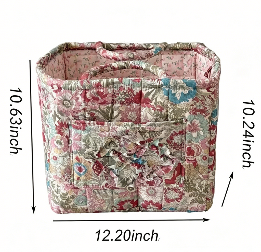 Quilted Cotton Basket Tote With Floral Print - Red - 5