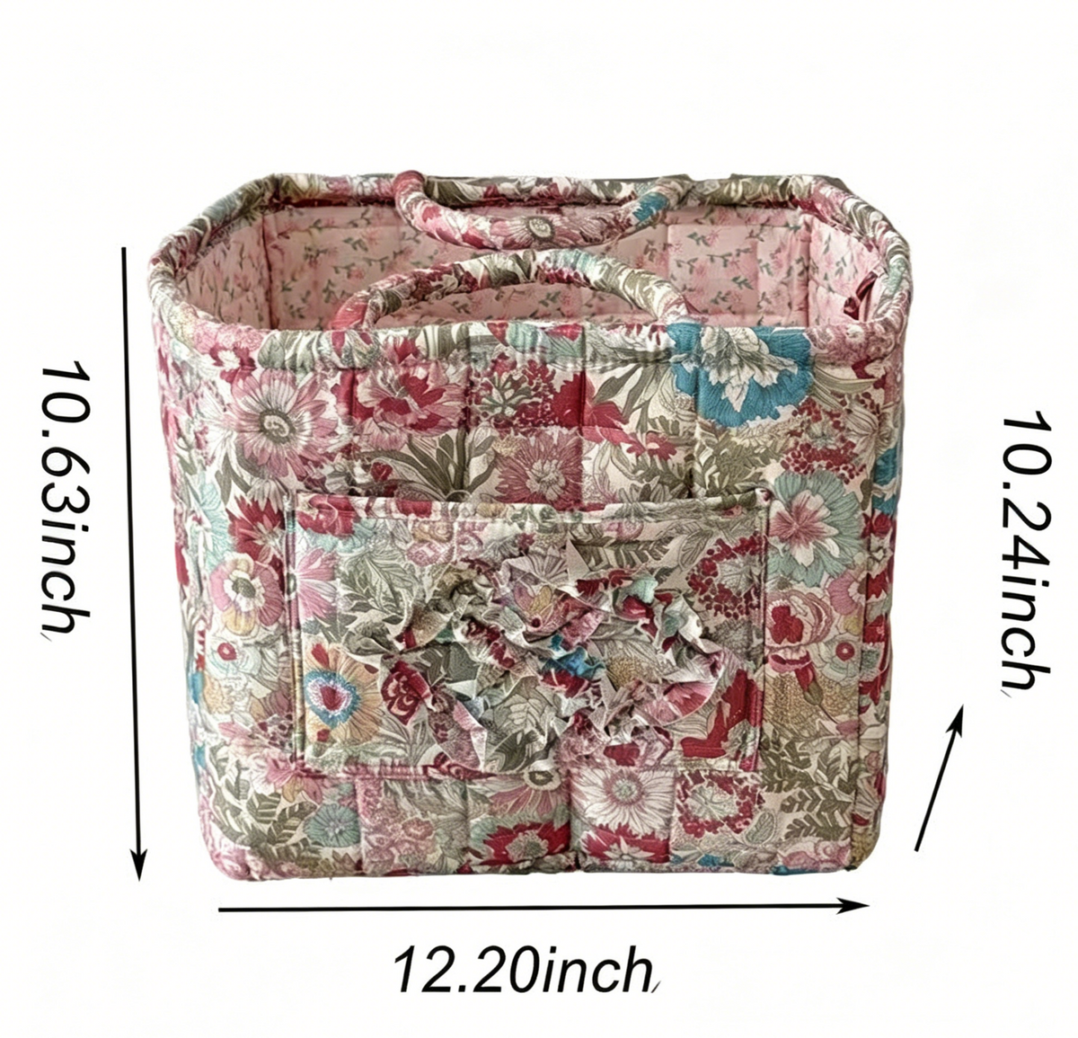 Quilted Cotton Basket Tote With Floral Print - Red - 5