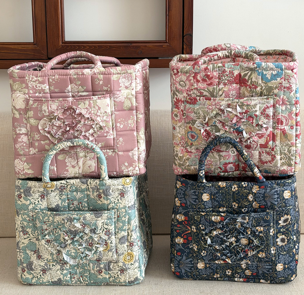 Quilted Cotton Basket Tote With Floral Print - Red - 6