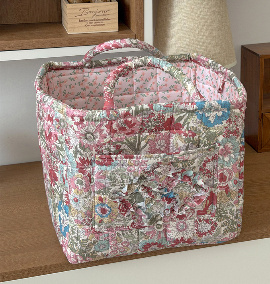 Quilted Cotton Basket Tote With Floral Print - Red - 7
