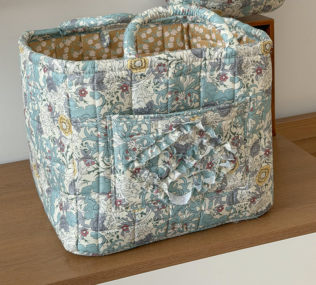 Quilted Cotton Basket Tote With Floral Print - Teal