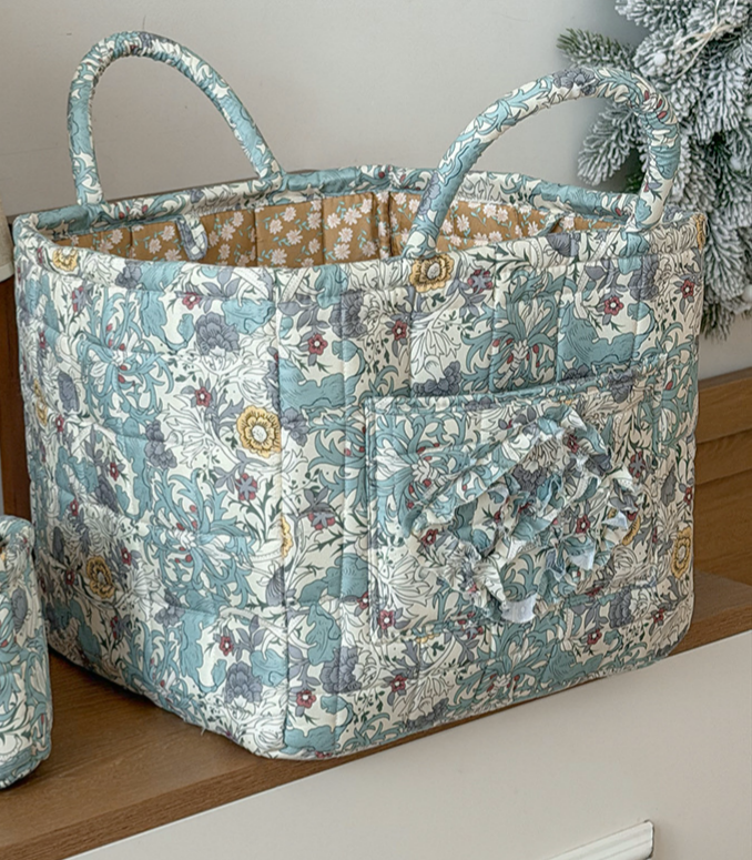 Quilted Cotton Basket Tote With Floral Print - Teal - 1