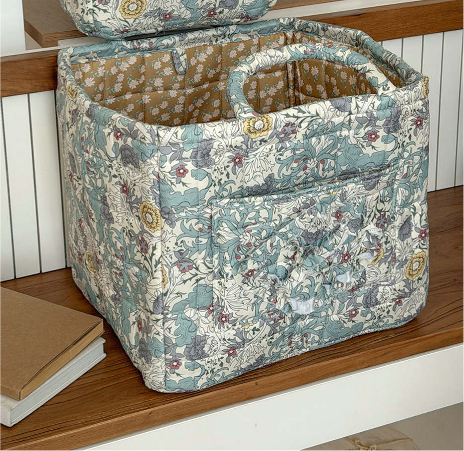 Quilted Cotton Basket Tote With Floral Print - Teal - 2