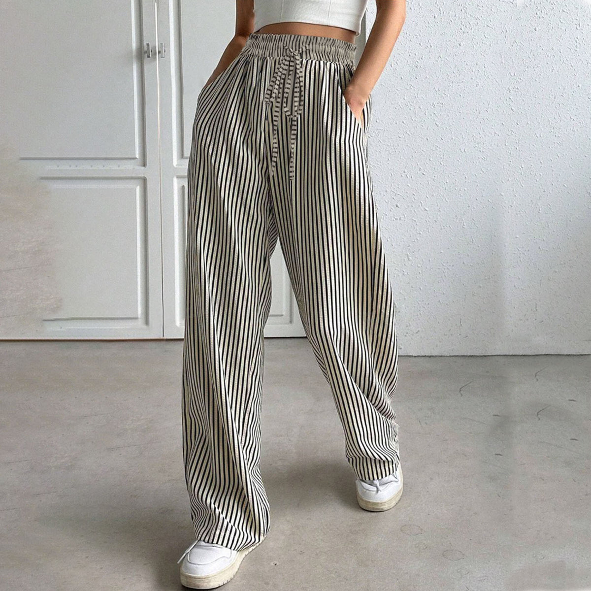 Striped Pleated Wide Leg Trousers - Black