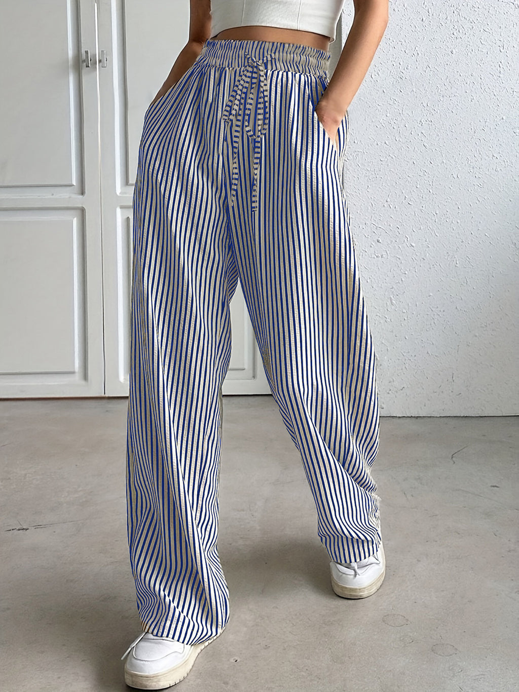 Striped Pleated Wide Leg Trousers - Blue