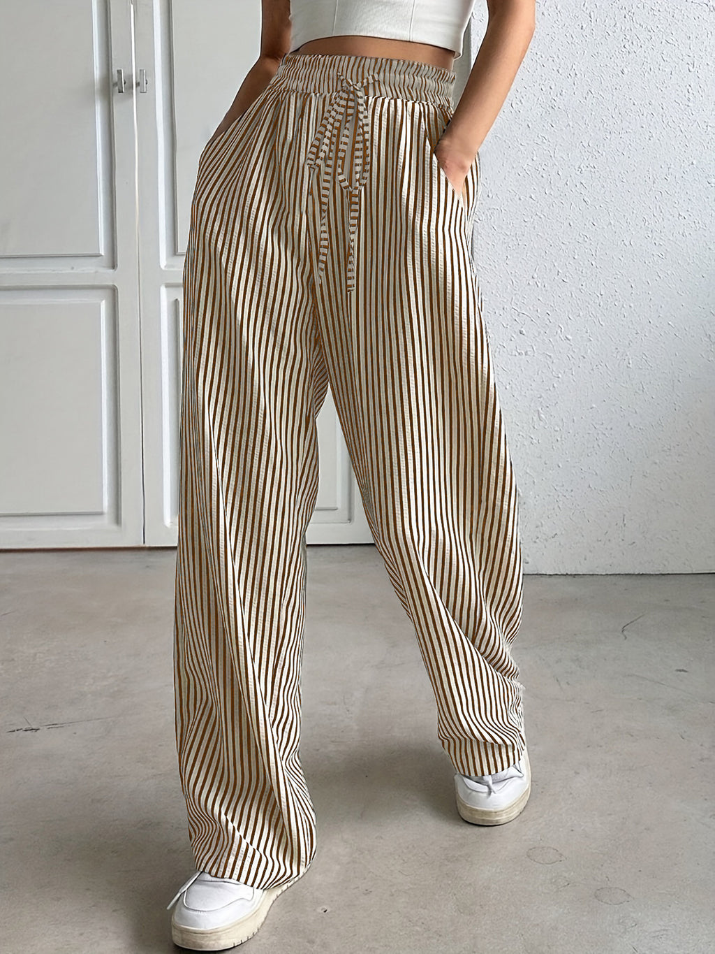 Striped Pleated Wide Leg Trousers - Brown