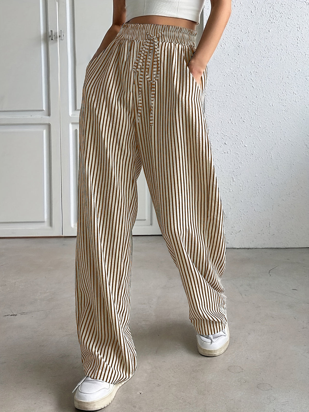 Striped Pleated Wide Leg Trousers - Brown