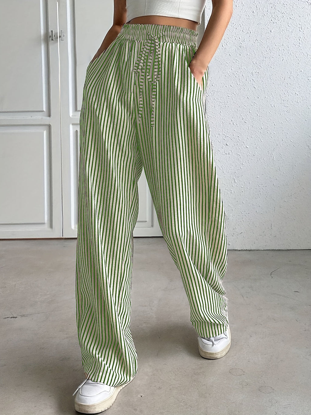 Striped Pleated Wide Leg Trousers - Green