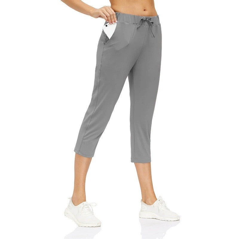 Drawstring Straight Leg Capri Yoga Pants With Pockets - Gray