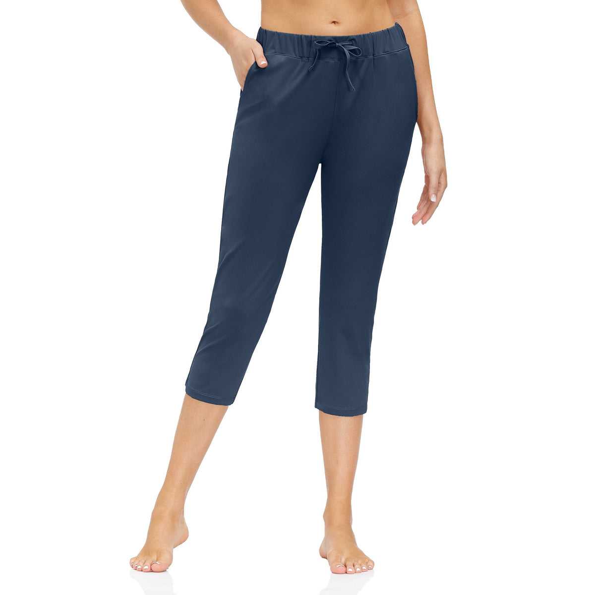 Drawstring Straight Leg Capri Yoga Pants With Pockets