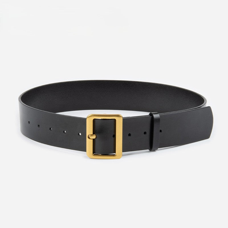 Wide Rectangle Buckle Leather Waist Belt - Gold