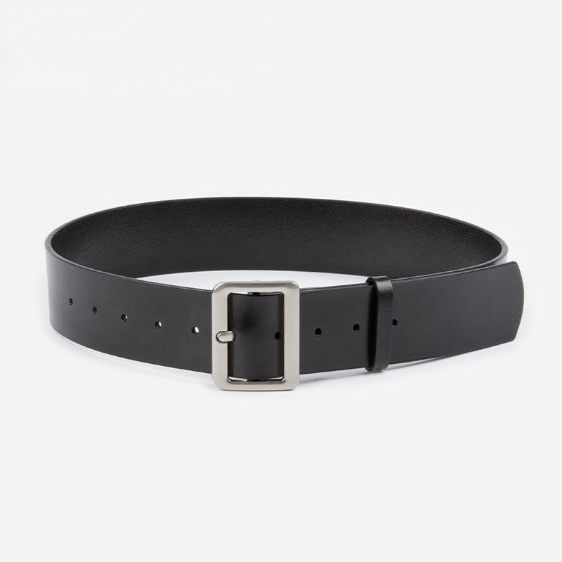 Wide Rectangle Buckle Leather Waist Belt - Silver