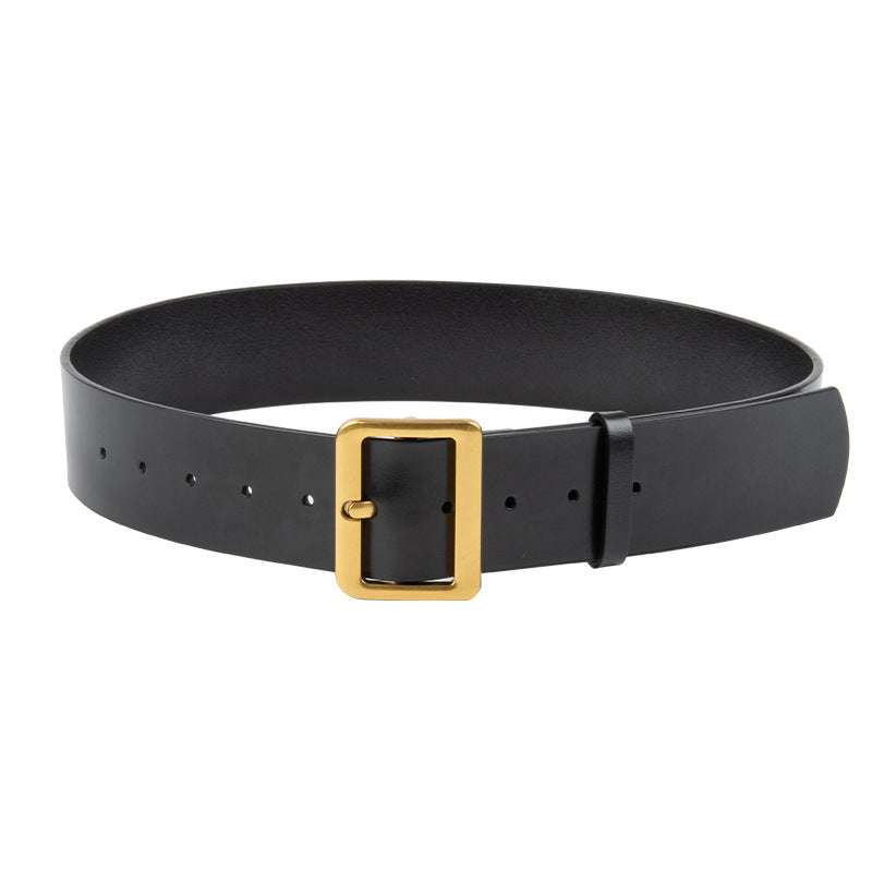 Wide Rectangle Buckle Leather Waist Belt