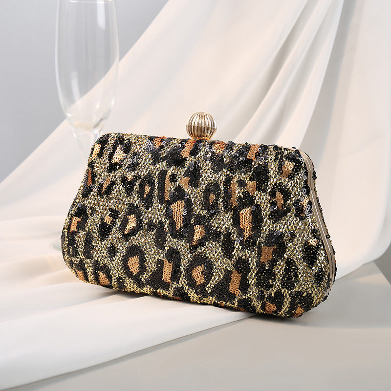Sequin Leopard Print Evening Clutch - Gold