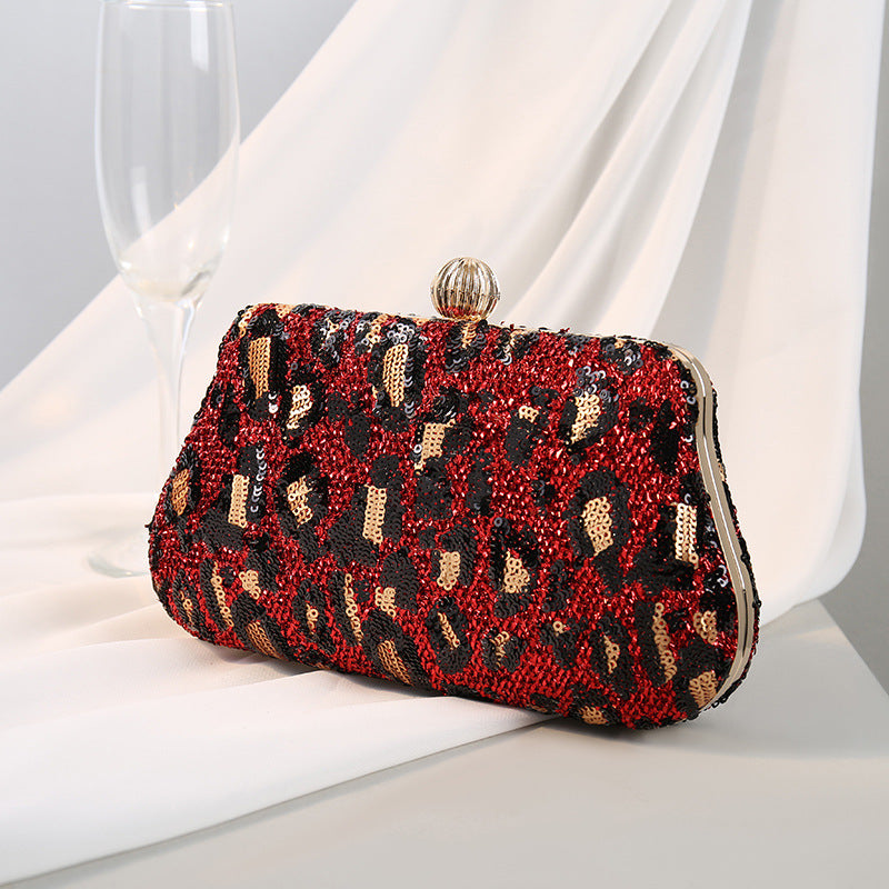 Sequin Leopard Print Evening Clutch - Red
