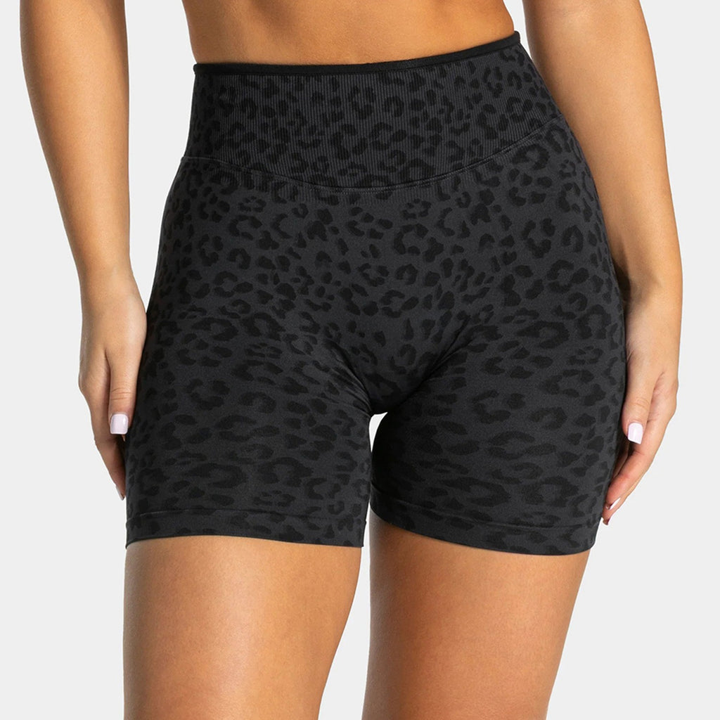 Leopard Seamless Scrunch High Waist Gym Bike Shorts - Black