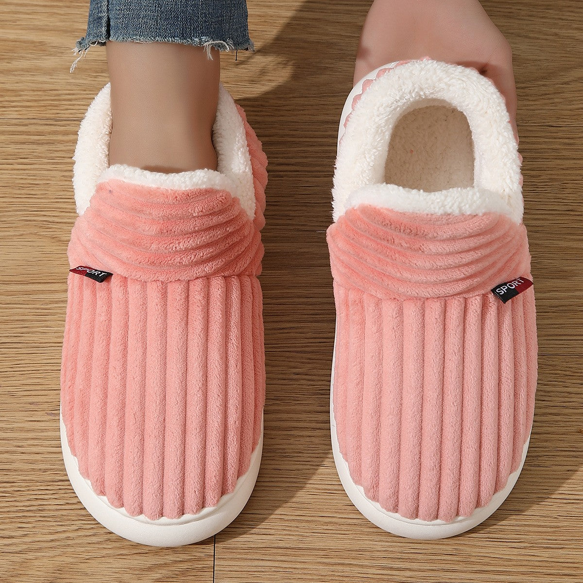 Corduroy Fleece Lined Slipper Booties - Pink