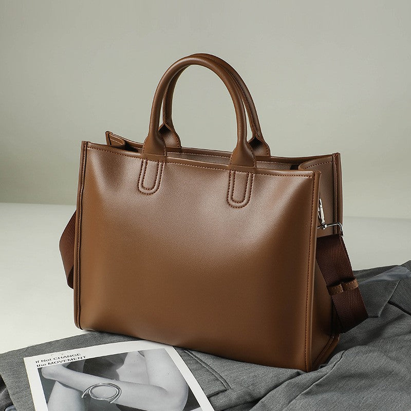 Structured Work Satchel with Crossbody Strap - Brown