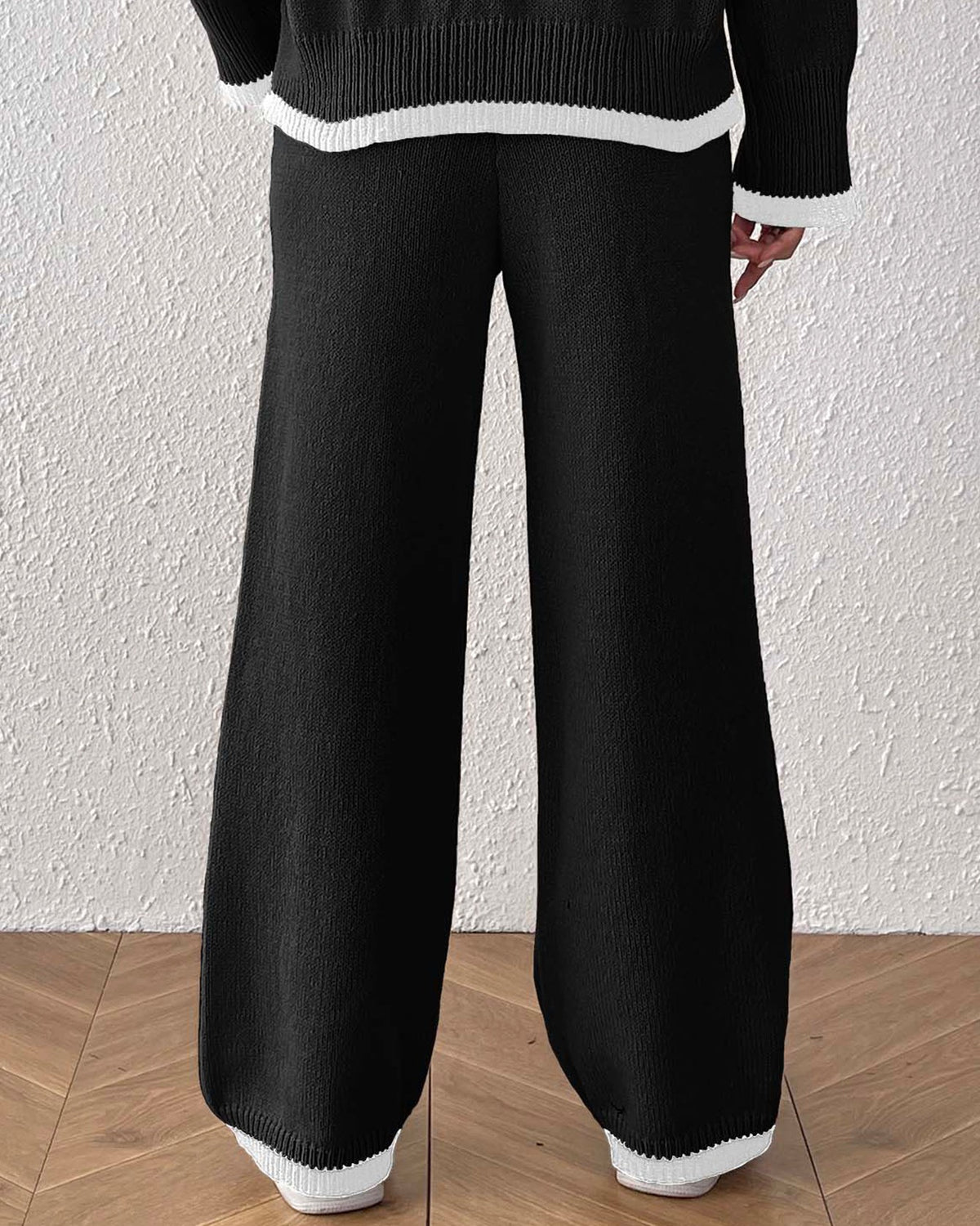 Contrast Trim Wide Leg Knit Pants - Black