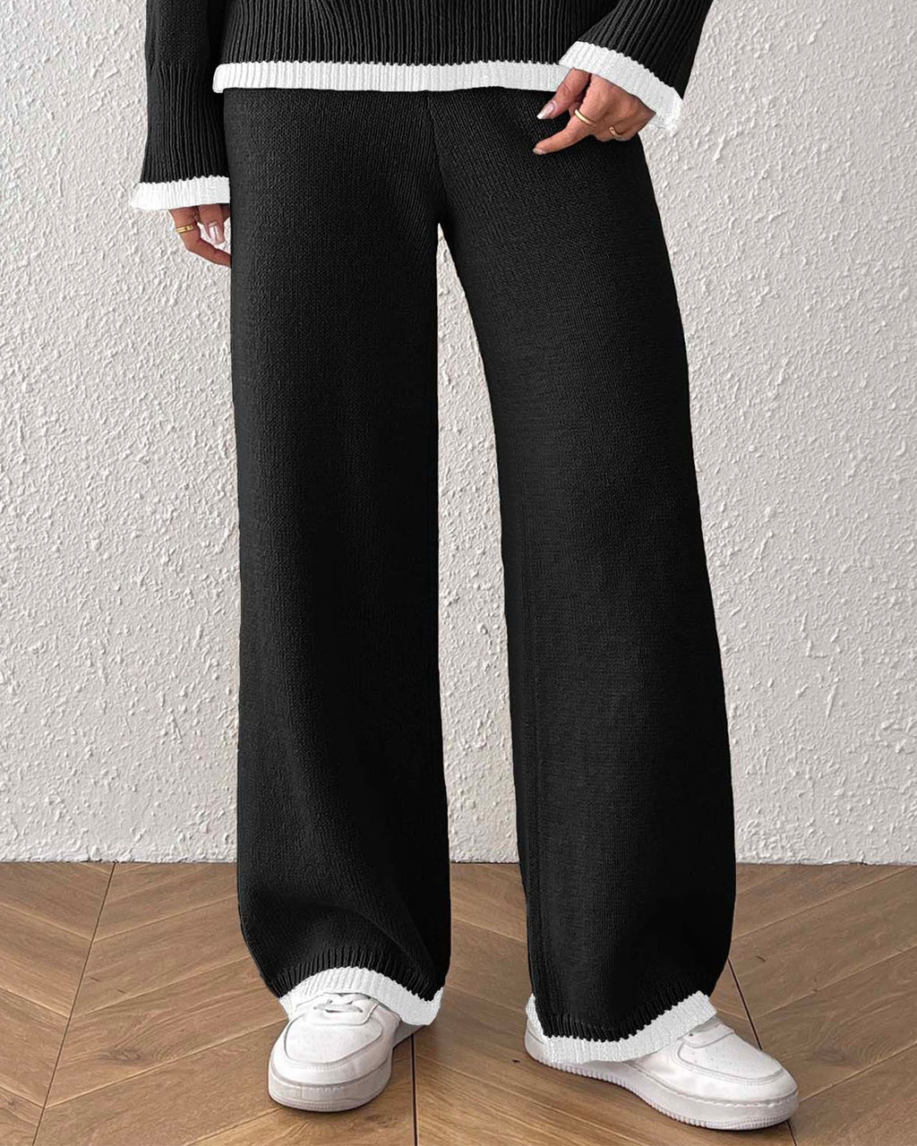 Contrast Trim Wide Leg Knit Pants - Black - 1