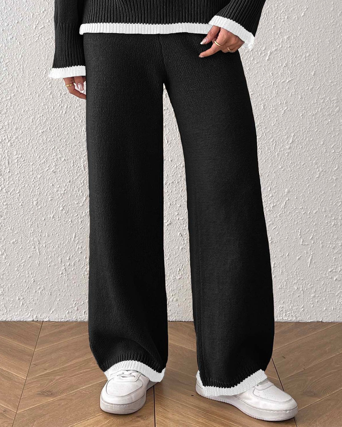 Contrast Trim Wide Leg Knit Pants - Black - 1