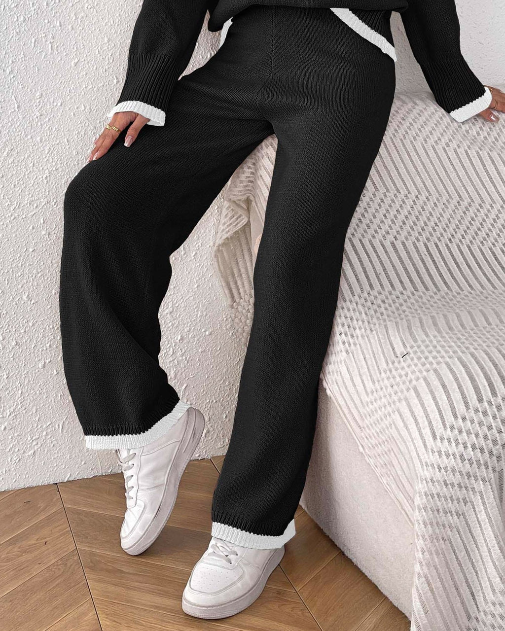 Contrast Trim Wide Leg Knit Pants - Black - 2