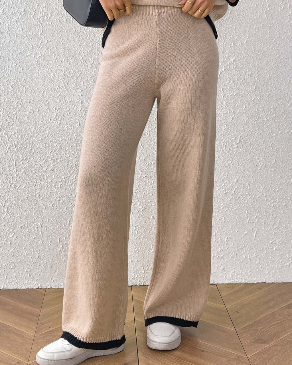 Contrast Trim Wide Leg Knit Pants - Khaki