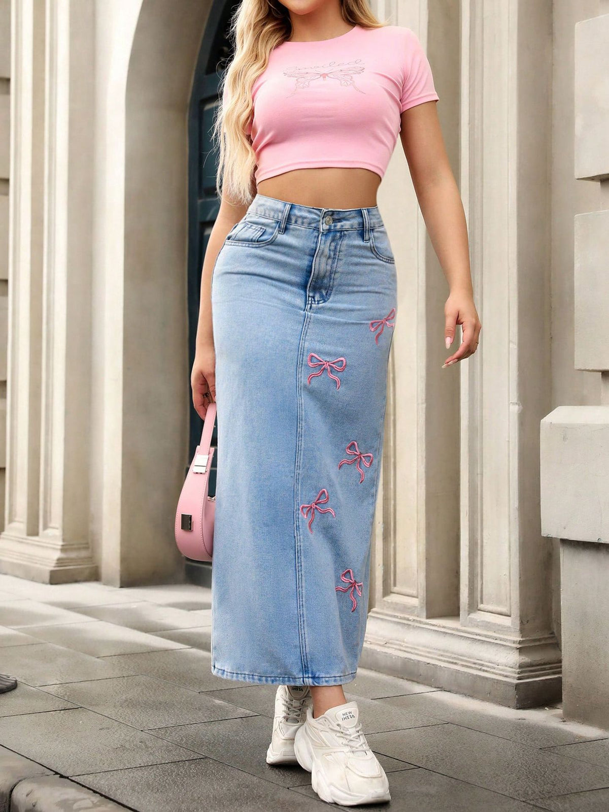 Long Denim Maxi Skirt With Bow Embroidery