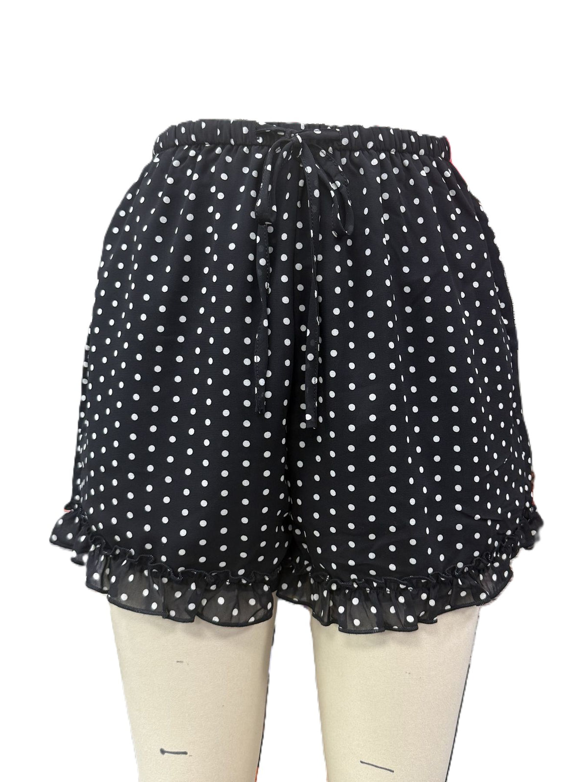Polka Dot Ruffle Hem Shorts With Tie Waist - Black