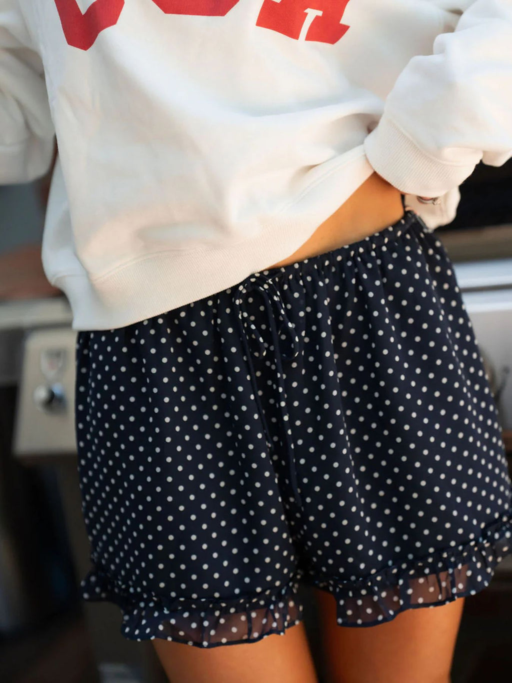 Polka Dot Ruffle Hem Shorts With Tie Waist - Black - 3