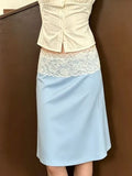 Boho Lace-Waistband A-Line Midi Skirt - Blue