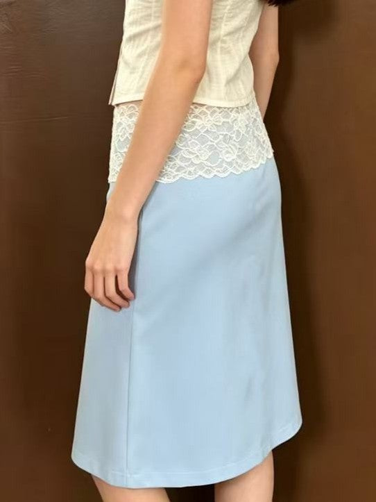 Boho Lace-Waistband A-Line Midi Skirt - Blue - 2