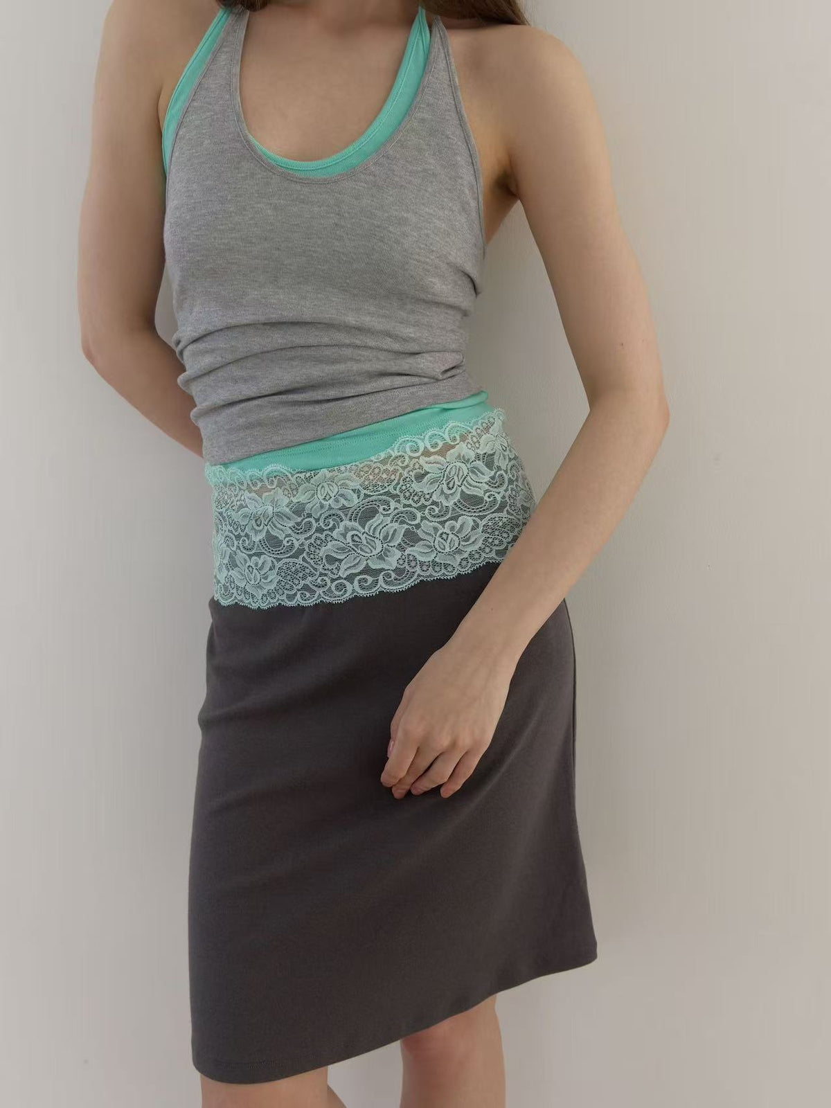 Boho Lace-Waistband A-Line Midi Skirt - DarkGray